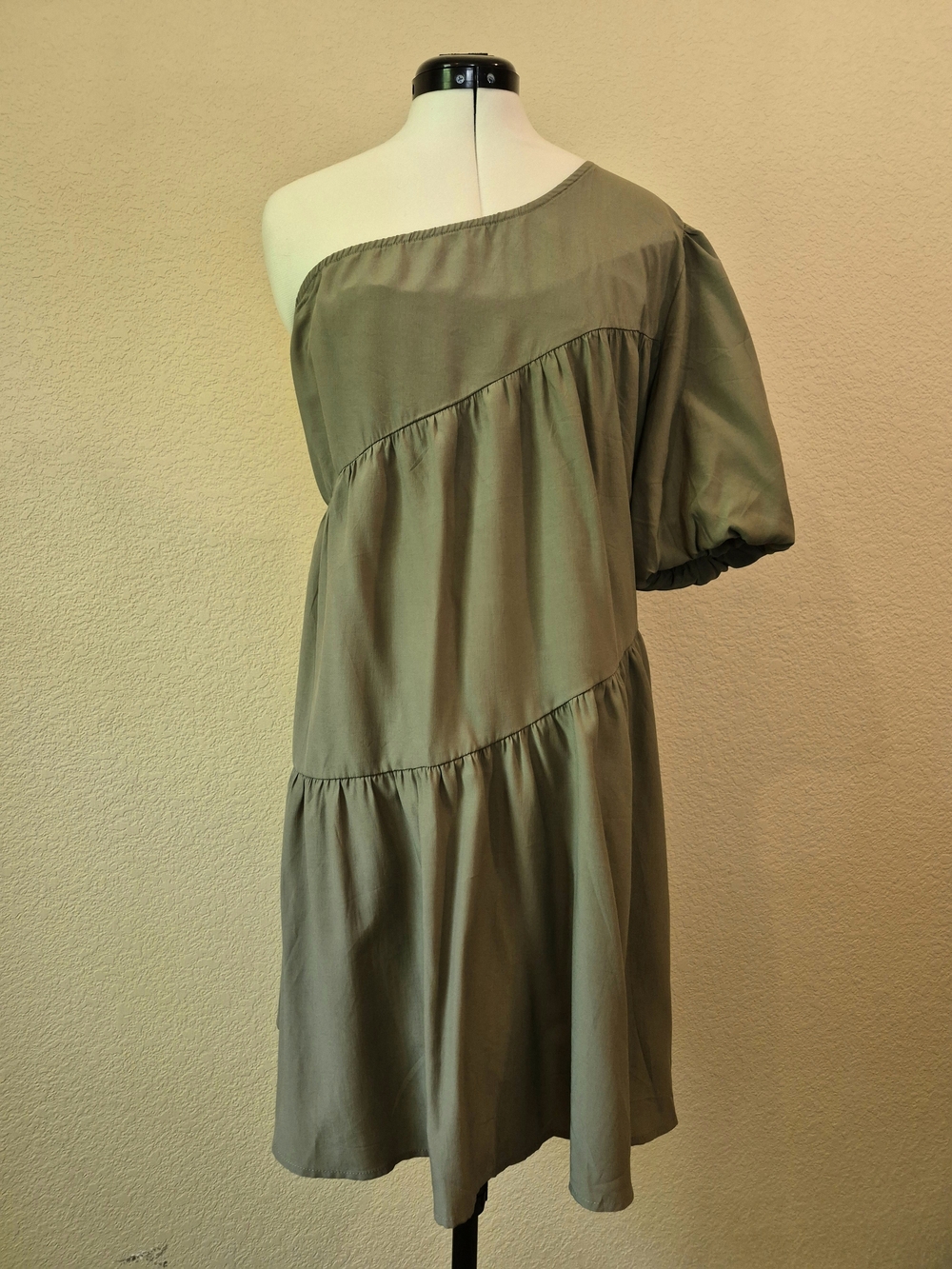 One-Shoulder Olive Green Tiered Dress